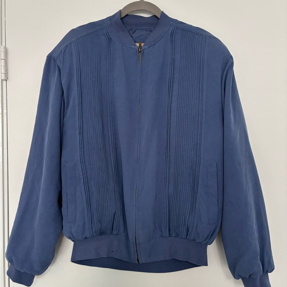 VINTAGE Scandia Woods Men's Blue Bomber Jacket in 100% Silk